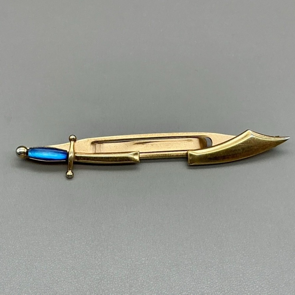 SWANK Vintage Sword Tie Bar Gold Tone‎ Blue Enamel Dagger Knife Men's Jewelry